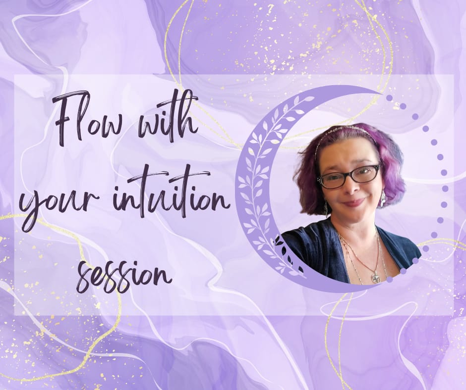 flow with your intuition session with photo of Lindsay framed in a floral moon